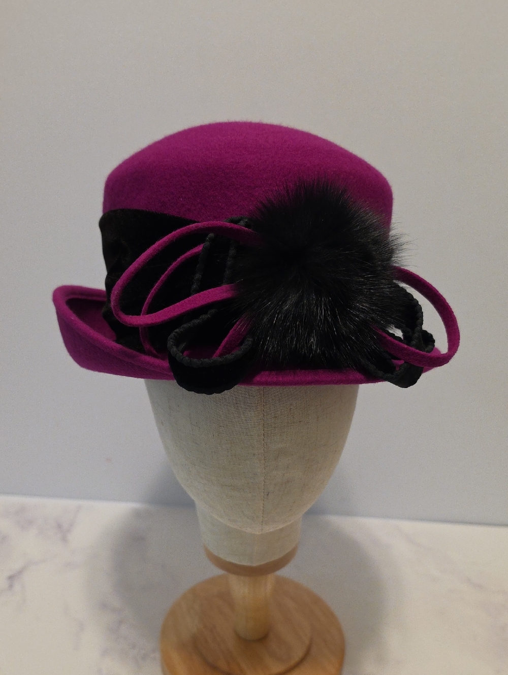 Galliano Sorbatti Purple  Felt Cloche Hat with Black Trim and Pom Accent
